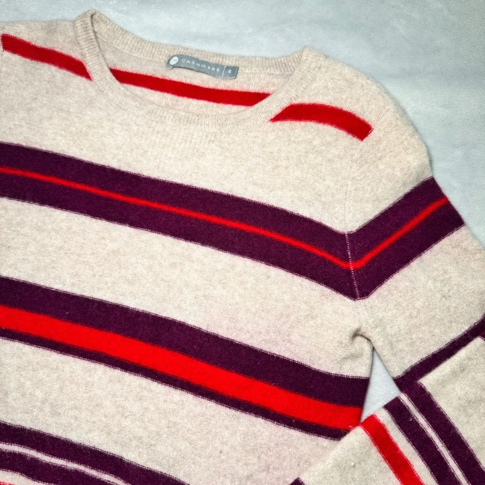In Cashmere Women's Beige Red Striped 100% Cashmere Crew Neck Sweater Small EUC